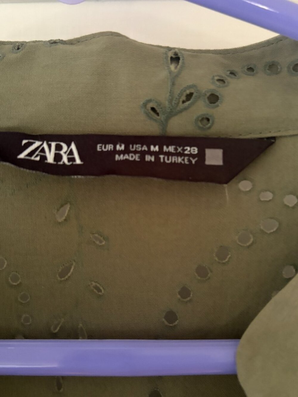 Zara Openwork Embroidered Khaki Mini Dress Size Medium 100% Cotton - Picture 8 of 9